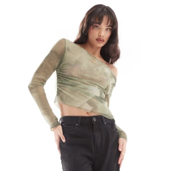 NWOT PULL&BEAR One Shoulder Mesh Top - Picture 3 of 4